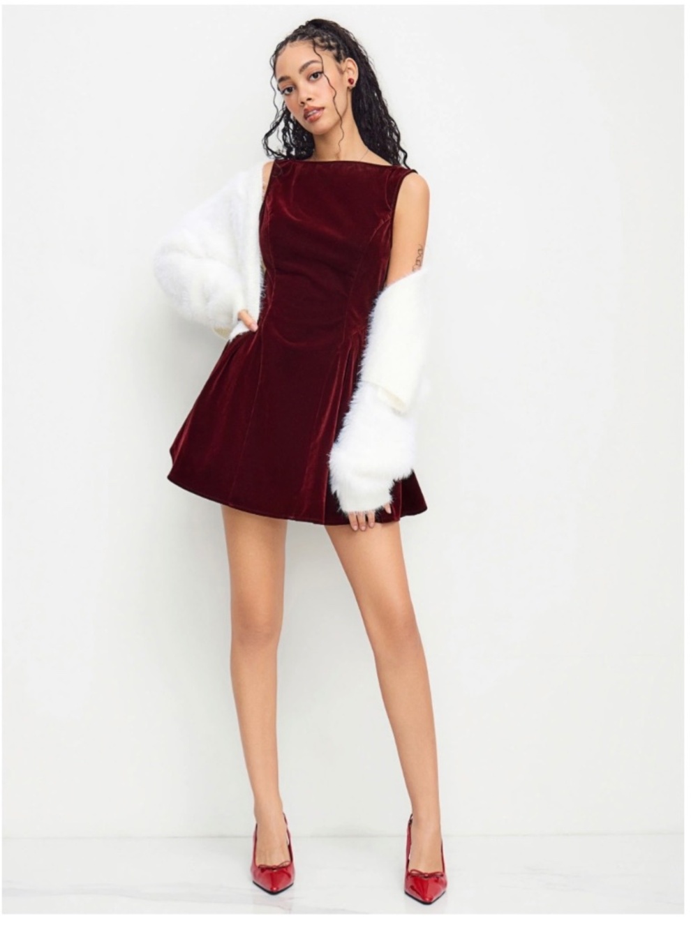 NWT BURGANDY VELVET BOAT NECK BOW BACKLESS MINI DRESS S